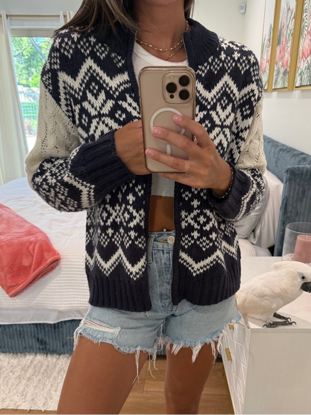 Altar'd State Navy and Cream Fair Isle Open-Front Cardigan